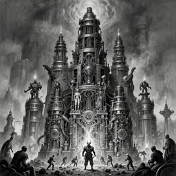 b & w inks of 1 1 tiered flayed god machines, cluster tiered heirarchy, battle chaos, mainframe hydrocracking battles, medical, dystopian, by wayne d barlowe, h r giger, simon bisley & boris vallejo, enric torres, hyper realism, narrative light, muted colors, epic, hyper detailed, awe inspiring, award winning horror, torch lighting