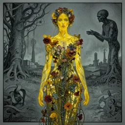 Woman wearing clothes made out of dying flowers, Portrait, Masterpiece, glass, flat background, yellow skin, glowing, wires everywhere, by Edgar Maxence and Ross Tran, Zdzisław Beksiński, and Michael Whelan, distant, gustav dore, H.R. Giger, 8k, octane render