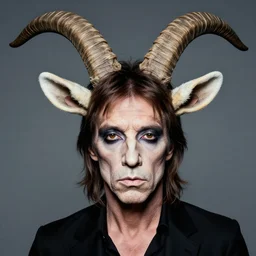 actor Mick Jagger in Elaborate Pan Satyr Goat Man Makeup and prosthetics with large goat ears designed by Rick Baker, Hyperreal, Head Shots Photographed in the Style of Annie Leibovitz, Studio Lighting