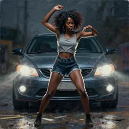 a messy painting of a young black woman dancing in front of car headlights, by delphin enjolras, highly detailed, sharp focus, cinematic, trending on artstation