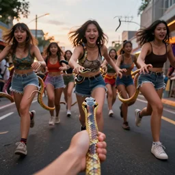 realistic photo first person perspective, colorful snakes and girls stampede towards camera, attacking and chasing me, dramatic lighting, early evening, professional photography, high detail, cinematic lighting, unreal engine, deviant art