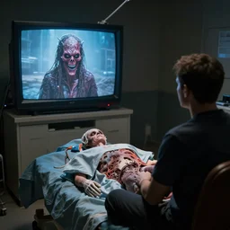 lobotomized operation watching demonic television, realistic, dramatic lighting, fantastic reality, 8 k resolution