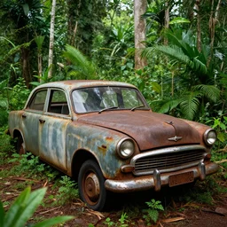 A rusted car in a jungle