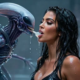 cinematic still of kim kardashian being mouth fed by an xenomorph in a transparent alien liquid, wet flowing hair, gooey skin, illustration, unreal engine 5, 8 k, directed by h. r. giger.