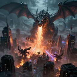 mega detail, gigantic city, random inference, dragons breathing fire, dark magic, night fog, clouds, the matrix, in a battle, energy beam, video game