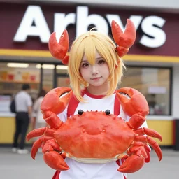 cosplayer dressed like a cute crab, in 2 0 1 8, at an arbys, crabcore, royalcore, low - light photograph, photography by tyler mitchell