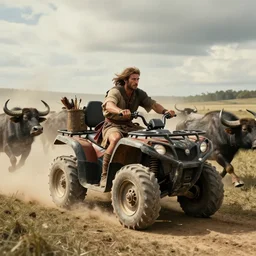 photo of an ancient tribesman on ancient atv with big wooden wheels,  hunting panicked buffalo herd ,attacking, wild chase, action scene, an epic fantasy, dramatic lighting, cinematic, establishing shot, extremely high detail, photorealistic, cinematic lighting, artstation, octane render, by simon stalenhag, horizon forbidden west,old photo, high speed photography, vintage