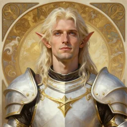 portrait of a calm and pious male aasimar paladin above head with medium length platinum blonde hair wearing white and gold armor, pensive and hopeful expression, highly detailed, cinematic lighting, illustration, painterly, art by Krenz Cushart and Artem Demura and alphonse mucha, intricate, masterpiece, clean shaven, fantasy, d&d