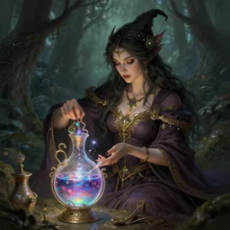 beautiful witch making magical sparkling potion, tabaxi, forest, d & d, fantasy, intricate, elegant, highly detailed, digital painting, artstation, octane render, concept art, matte, sharp focus, illustration, hearthstone, art by artgerm and greg rutkowski and alphonse mucha