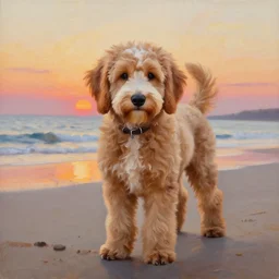 labradoodle pup on the beach, sunset, oil painting victo ngai