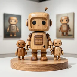 ultra realistic 8k octa photo, wooden art toys on base cute robot gods , concept art ,art gallery