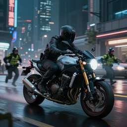 concept art of an akira motorbike being chased by police on wet cyberpunk city streets at night cyberart in the style of liam wong in the film akira rendered in octane, 3 d render, trending on cgsociety, blender 3 d 8 k