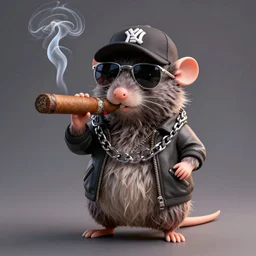 anthropomorphic gangster rat smoking a huge cigar, wearing a chain, wearing sunglasses and a cap, long fur,  anthropomorphic rat, detailed, blender, 3d render, 4k