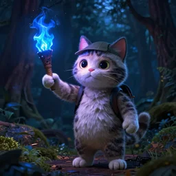 a cat traveler holding blue fire torch in the dark night forest, pixar, unrealengine, cinematic, dynamic lighting
