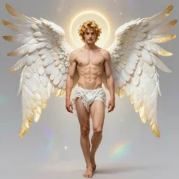 fullbody portrait of a beautiful young fit male angel with curly blond hairs, fluent clothes on the legs, majestic symmetrical eagle wings, luminous halo, by greg rutkowski and alphonse mucha, gradient white to gold, in front of an iridescent background, highly detailed portrait, digital painting, artstation, concept art, smooth, sharp focus illustration