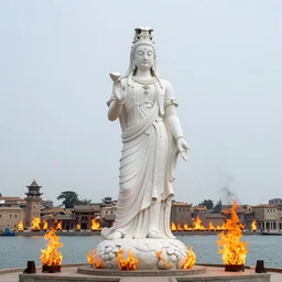 large statue of a god standing in harbor, in flames, in a harbor, an ancient city on fire in the background, heavy smoke, unreal engine