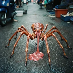 1 9 9 0, disposable camera, flash, pov, hanoi street, wet market, meaty xich lo on the street, creature, many legs, standing, meat, ooze, slime, veins, wet