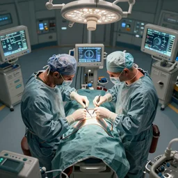 high angle shot, overhead shot, hyperdetailed masterpiece concept art of two orcs surgeons doing an operation at an ICU room of an advanced hospital, 4k Detailed Matte Illustration trending on ArtStation