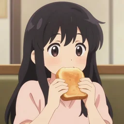 a cute anime girl eating bread