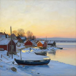 oil painting of fishing village in dawn by anders zorn, wonderful art by greg rutkowski, incredible lighting, shadows, beautiful cinematic light, american romanticism by greg manchess, very bright and optimistic, warm and cold contrast, heat and freezing