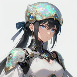 anime portrait of an iridescent opal cyborg shinobi, intricate ornate details, morandi color scheme, fantasy, elegant, highly detailed, digital painting, artstation, concept art, smooth, sharp focus, illustration, artbook, dynamic pose, splash art, promo art, soul calibur, league of legends, art by artgerm and greg rutkowski and bo chen and jin xiaodi