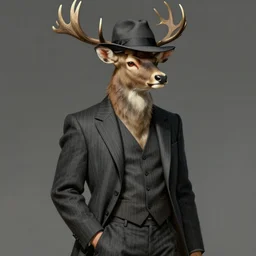 a upper body portrait of a deer lord in a pinstriped suit and pants wearing a fedora by artgerm and wlop, intricate detail, digital art, photorealistic, trending on artstation