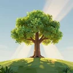 the world tree standing tall on a lonely hill, photorealism, sunshaft, low polygon render