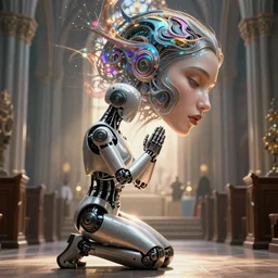 robot kneels and prays in church, female face, cyberpunk cyborg, sci - fi, intricate abstract upper body intricate artwork, by tooth wu, wlop, beeple, dan mumford. concept art, octane render, deviantart, greg rutkowski, cinematic arthouse, key art, hyper realism, iridescent accents