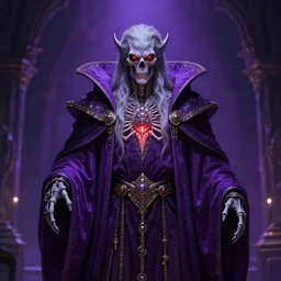 ains ooal goan, overlord, elder lich, majestic purple robe, piercing red eyes, softly glowing phylactery, skeleton king