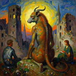 bright dramatic lighting colorful surrealist symbolist oil painting titled'feel his ghost breathing down my back ', magical realism symbolist, ruined city landscape with hybrid animal protagonist, painted by arnold bocklin and odilon redon and max ernst, shocking detail trending on artstation 8 k