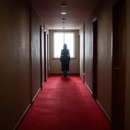 an erie hotel corridor with red carpet, at the end of the corridor the light comes from a window, dust particles in the air, a spectral figure is lurking