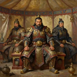 matte portrait of smart tai armored warlords sit in traditional tent, asian interior decoration, oil painting, fantasy, detailed and intricate environment