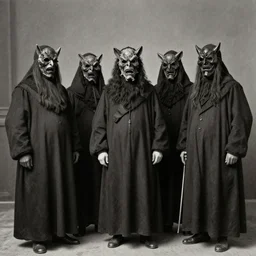 19th century photo of a cult dark old cultists wearing masks with ugly monster by Louis Daguerre