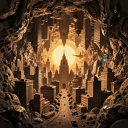 inception lovecraft city carved from rock underground another inverted upside down above, in the style of akira, cinematic warm volumetric lighting