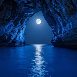 Blue cave during the night, blue water, reflections ,moon light, incredible lighting, 4k photography award winning,