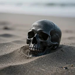 black skull in tides of black wavy sand, close up bokeh