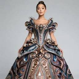 fashion shoot, ariana grande wearing a victorian dress, layers, intricate design, fractals, metallic details, made by iris van herpen, 1 3 5 mm, low angle, by david lachapelle