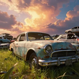 vivid, volumetric, art greg rutkowski, godrays, abandoned old car close - up at a car dump, concept art, macro, grass, detailed, high detail, epic sky, huge scene, trending on artstation, cinematic view, low angle, warm lighting, by jordan grimmer, beautiful