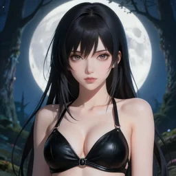 close - up portrait of a beautiful anime girl in front of the full big moon in a fantasy forest, black leather bra, by james gurney, max liebermann, greg rutkowski, highly detailed digital art, artstation