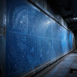 intricate, very detailed, blue, mysterious extraterrestrial writing, on a long the metallic wall of an abandoned spaceship