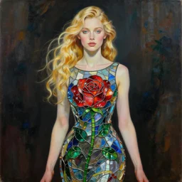 beautiful blond woman wearing a dress made from stained glass in the design of a rose. painting by artgerm and greg rutkowski and ilya kuvshinov