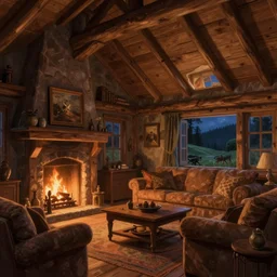 the living room of a cozy wooden house with a fireplace, at night, interior design, d & d concept art, d & d wallpaper, warm, digital art. art by james gurney and larry elmore.