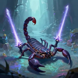 A fantasy scene of a scorpion wielding dark sabers in the ethereal Netherrealm. Artstation, CGSociety
