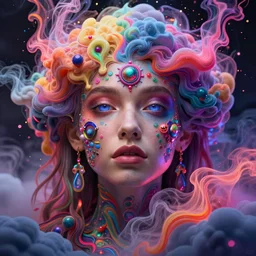 a beautiful girl engulfed in colorful liquid clouds and neon smoke, colorful psychedelic experience, psilocybin, dmt, lsd, face, highly detailed, concept art, sharp focus, digital art by hana yata, and artem demura and beeple, lisa frank, cyberpunk, octane render, unreal engine, 8 k