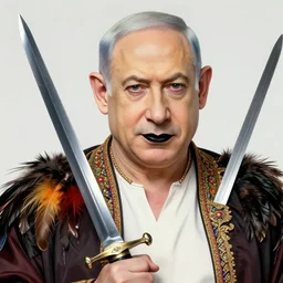 insanely detailed portrait of benjamin netanyahu, oriental clothing, feathers, holding sword, black lipstick, colorful striped background, rich colors, vibrant colors, outlines, vibrant color palette, anime artwork, by yoshitaka amano