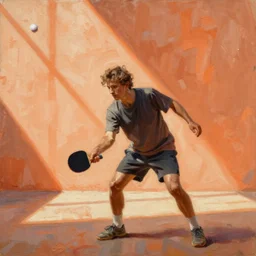 to katter som spiller ping pong på oransje bakgrunn, oil painting