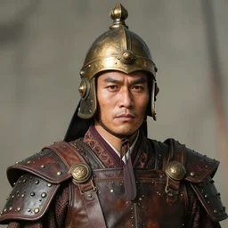 tai warlord, closeup portrait, historical, ethnic group, traditional tai costume, bronze headset, leather shoulder armor, fantasy in