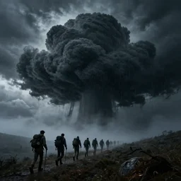 A hiking group walking up to a giant black cloud, horror movie cinematic, rain stormy fog, terrifying nightmare