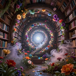 chromatic library, spiral, unreal engine, global illumination, flowers, smoke, detailed and intricate environment, mysterious, comfort, in the style of aetherpunk