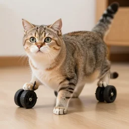 a cat with wheels instead of legs